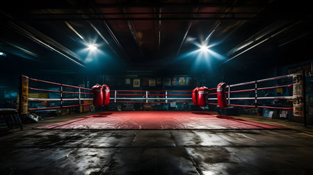 Boxing ring in a dark room with lights and spotlights.の素材
