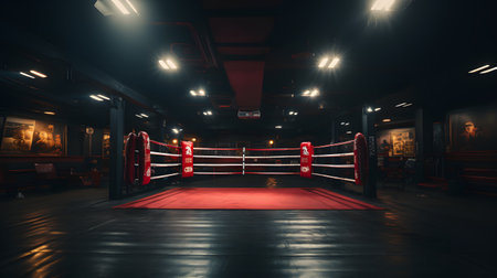 Red boxing ring in the gym. 3D rendering. Blurred background.の素材