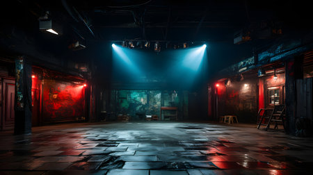 Night club interior with empty stage and lights. Horror Halloween concept.の素材