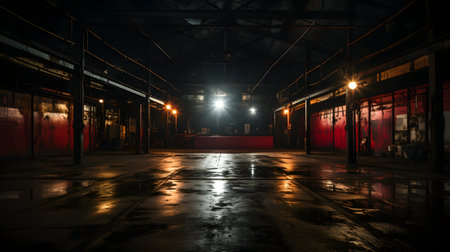 Abandoned industrial warehouse at night with lights and reflections on the floorの素材