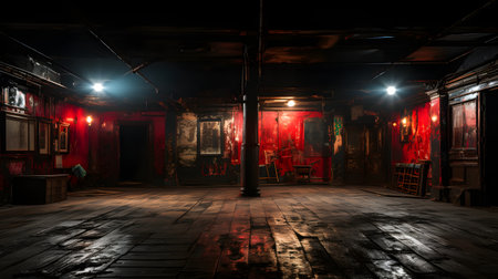 Fantasy night club interior. Dark room with wooden floor, red walls and red curtains.の素材