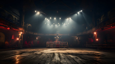 Empty stage with spotlights and lights. Night scene. 3D renderingの素材