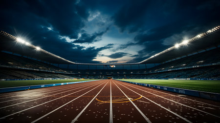 Empty running track in stadium at night time. 3D Renderingの素材