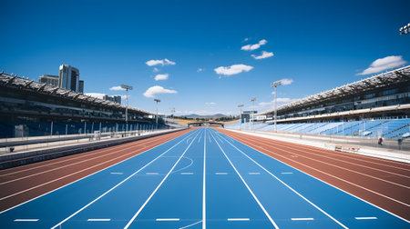 Athletics track and stadium with blue sky and white cloudsの素材