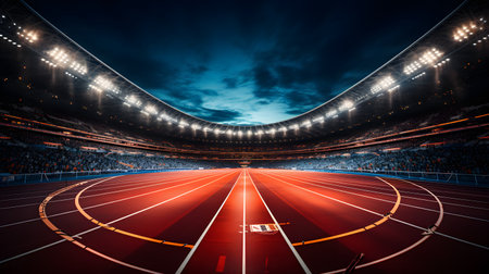 Athletics track and field stadium at night. 3D renderingの素材