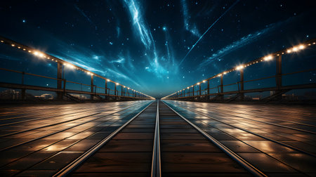 Wooden bridge at night with stars in the sky. 3d renderingの素材