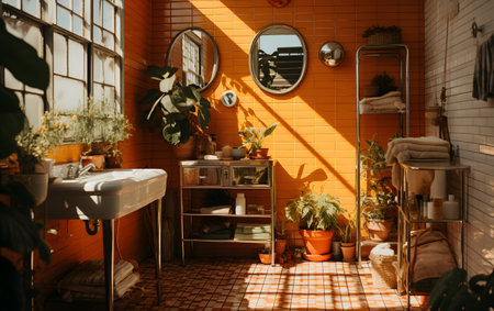 Interior of modern house with furniture and plants. Sunlight through windowの素材