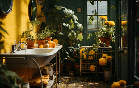 Beautiful view of the interior of a country house with a bathtub, sunflowers and green plantsの素材