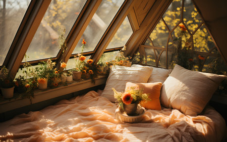 Cushions and flowers in a vase on the windowsillの素材