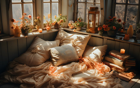 Cozy bedroom with pillows, books, flowers and candles on the windowsillの素材