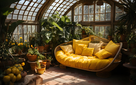 Interior of a greenhouse with yellow cushions on a sofa.の素材