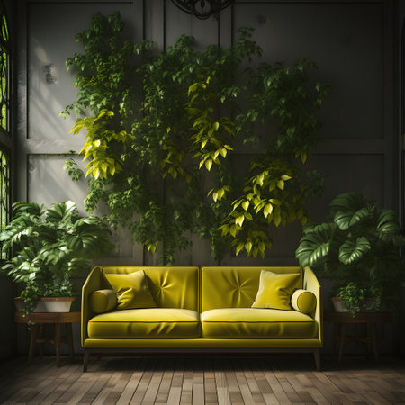 interior design with yellow sofa and green plants - 3d renderingの素材