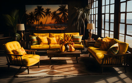 Cozy living room with yellow sofa, coffee table and palm trees.の素材