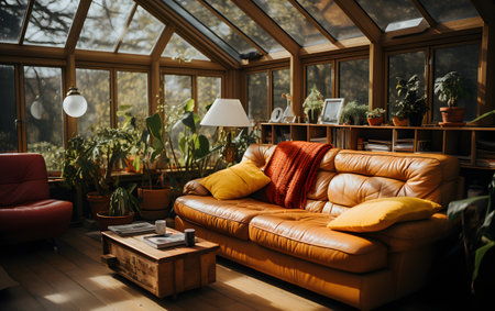 Interior of a modern living room with brown leather sofa and plantsの素材