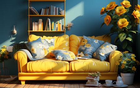 Yellow sofa with cushions in the living room. 3d renderingの素材