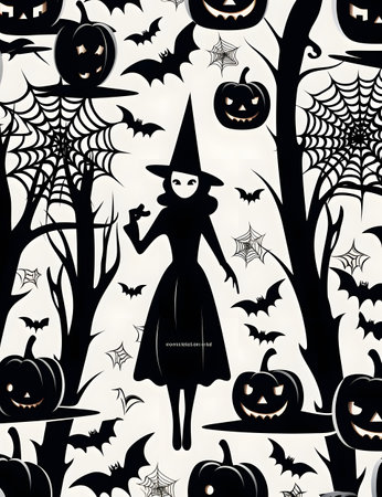 Halloween background with pumpkins, spiders, bats and witch.の素材