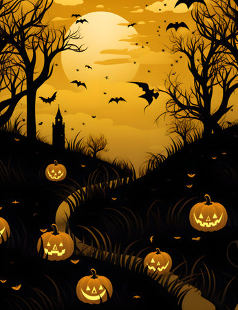 Halloween background with pumpkins and bats. Halloween vector illustration.の素材