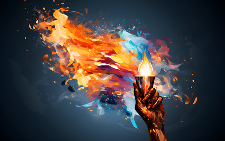 Human hand holding burning candle in fire flames on dark background. Vector illustration.の素材