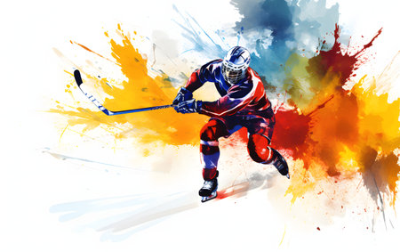 Hockey player in action on abstract watercolor background. Vector illustration.の素材