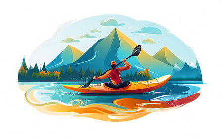 Kayaking in the mountains. Vector illustration of a man in a kayak on the lake.の素材