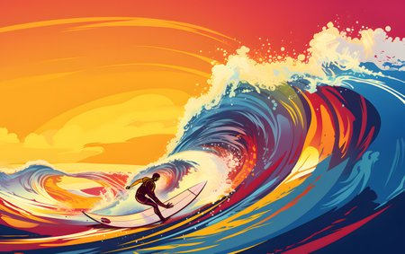 Surfer on the wave at sunset. Vector illustration for your designの素材