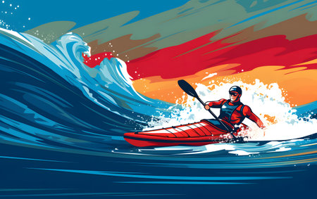 Vector illustration of a man in a kayak on the waves.の素材