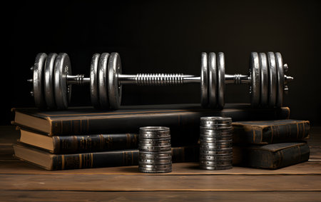 Dumbbells, books and coins on a wooden table.の素材
