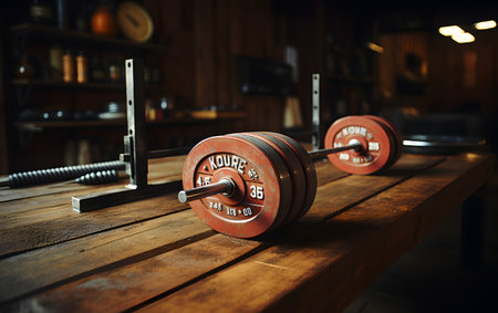 Dumbbells on a wooden shelf in a gym. close upの素材