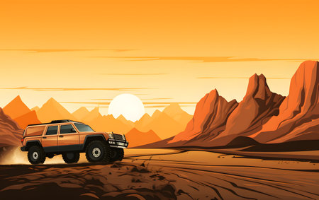 Off-road vehicle in the desert at sunset, vector illustration.の素材