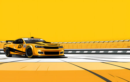 3D rendering of a yellow racing car on a race track.の素材