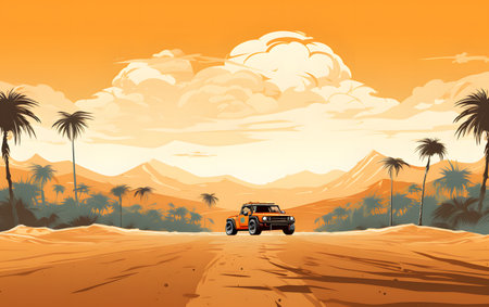 Off-road vehicle in the middle of the desert. Vector illustration.の素材