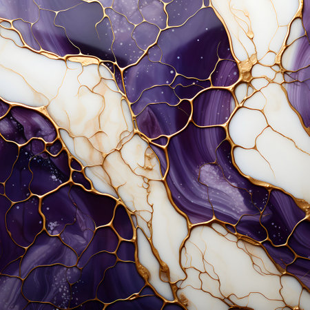 Marble abstract background with gold and purple veins. 3d illustrationの素材