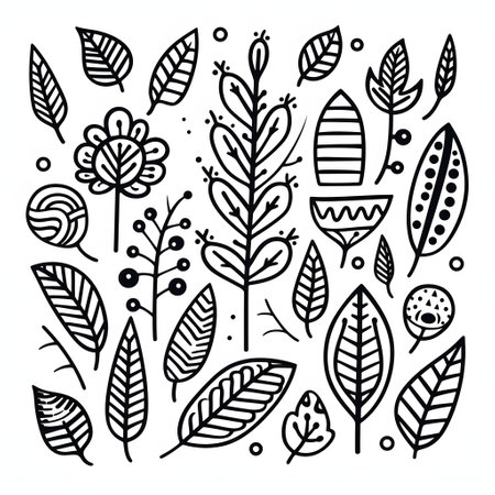 Set of hand drawn doodle leaves, flowers and branches. Vector illustration.の素材