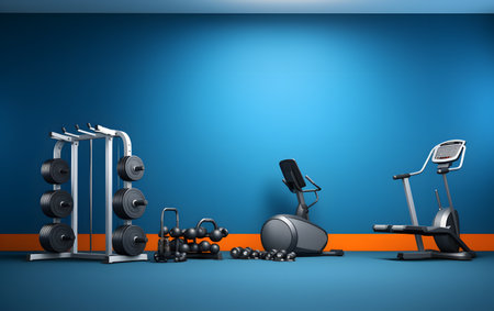 Exercise equipment in blue room with copy space. Vector illustration.の素材
