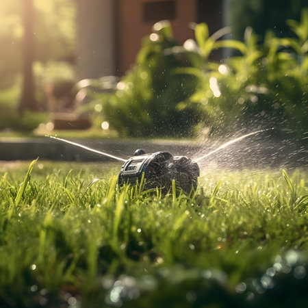 Lawn mower spraying water on green grass. Gardening conceptの素材