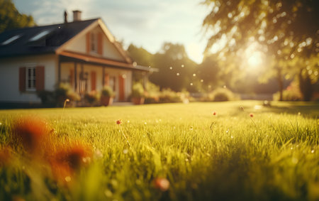 Sunset on the lawn with flowers in the foreground and a house in the backgroundの素材