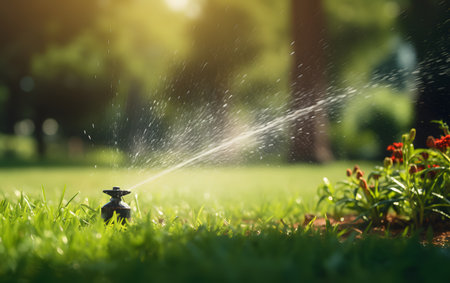 Sprinkler watering the grass in the garden. Gardening concept.の素材