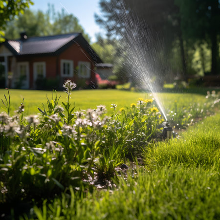 Sprinkler watering the lawn in the garden. Spring time.の素材