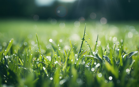 Fresh green grass with dew drops close up. Natural background.の素材