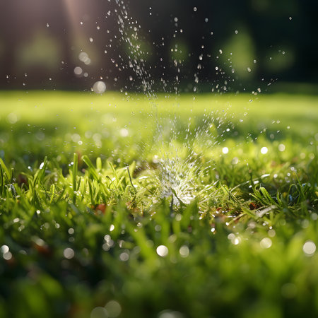 Water droplets on green grass with bokeh light effect.の素材