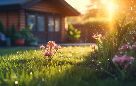 Watering the lawn in the garden at sunset. Water drops on the grass.の素材