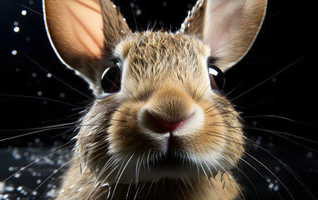 Close-up of a cute brown rabbit on a black background.の素材
