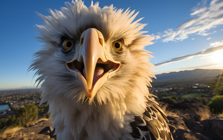 Close up of the head of a bald eagle against the setting sunの素材