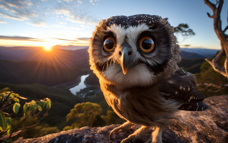 Owl in the mountains at sunset. Beautiful bird in the nature.の素材