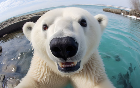 Polar bear swimming in the water, close-up portrait.の素材
