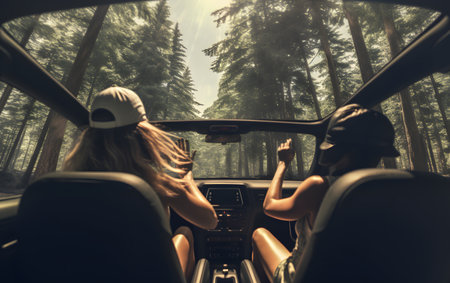 Young couple driving a car in the forest. Adventure and travel concept.の素材
