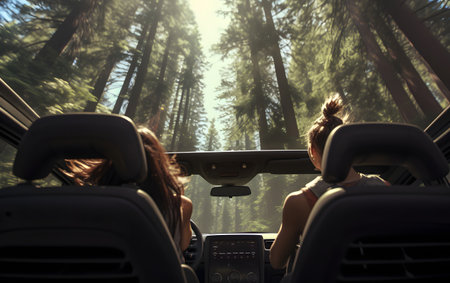 Rear view of two young women driving a car in the forestの素材