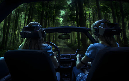 Two young women driving a car with virtual reality goggles in the forestの素材