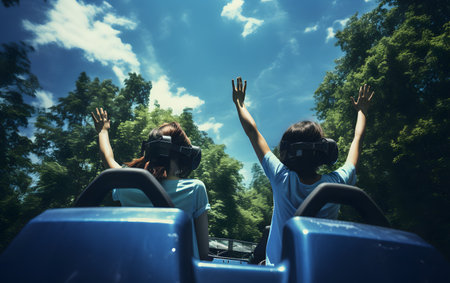 Couple in retro car with pink feathers against mountains and blue skyの素材
