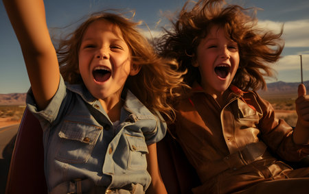 Couple in retro car with pink feathers against mountains and blue skyの素材